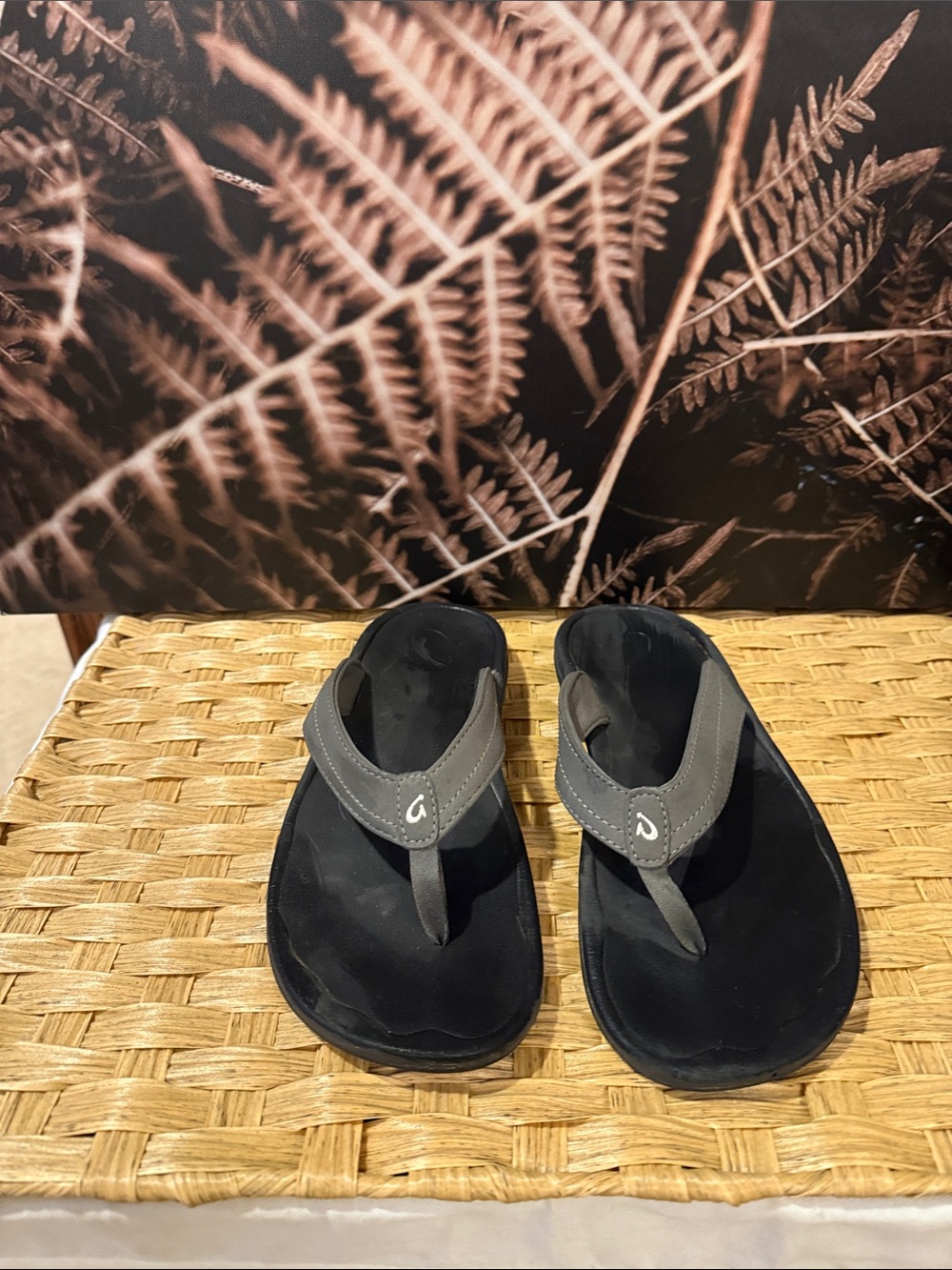 OluKai Black Footbed with Gray Straps Flip Flops